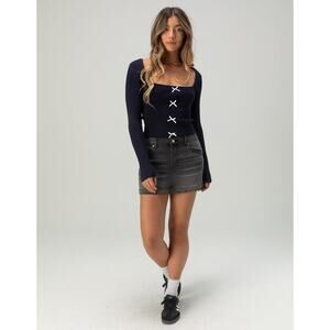 NWT Ribbed Navy Blue Long-Sleeve Bow Shirt RSQ Size Small